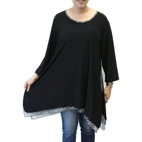 Pretty Woman Solid Tunic With Animal Print Trim Plus Size, Black - Picture 5 of 6